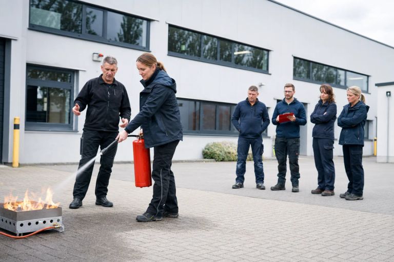 Eine Beschäftigte übt unter Anleitung den sicheren Einsatz eines Feuerlöschers, während das Schichtteam zusieht