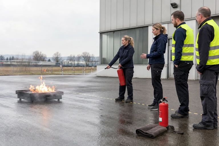 Beschäftigte üben auf einem betrieblichen Trainingshof den sicheren Einsatz eines Feuerlöschers