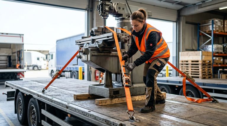 Fachkraft sichert schwere Maschine auf LKW-Ladefläche mit Direktzurren und Spanngurten