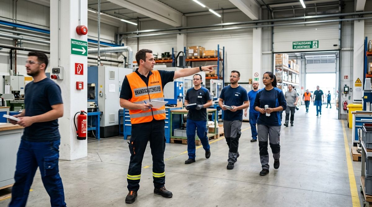 Brandschutzhelfer leitet Evakuierung in Industriehalle — Aufgaben im Ernstfall