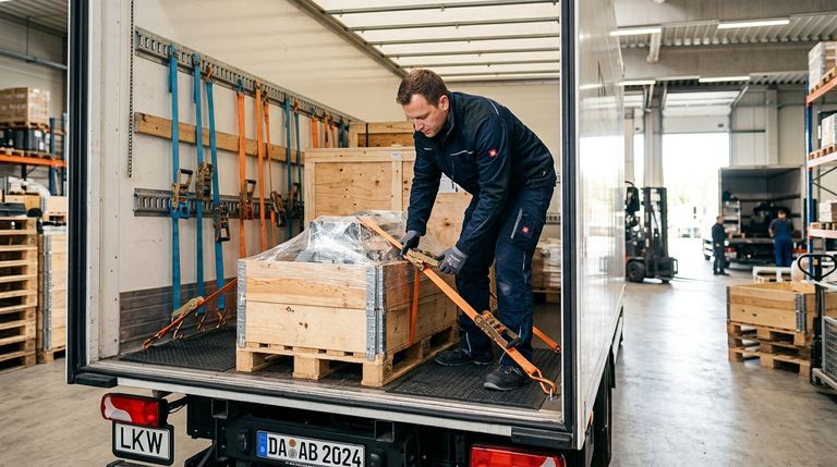 Professionelle Hilfsmittel zur Ladungssicherung im LKW mit Zurrgurten und Antirutschmatten