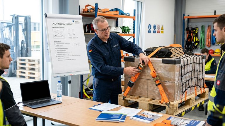 Ausbilder fuer Arbeitssicherheit demonstriert Ladungssicherung mit Zurrgurten bei einer praktischen Schulung