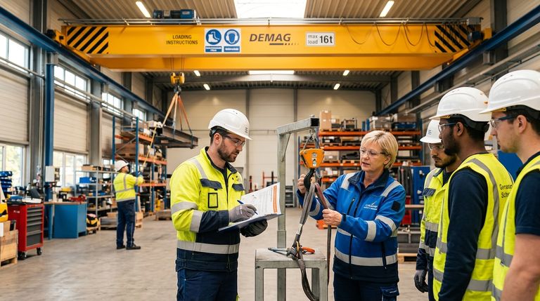 Kranführer bei einer Kran-Nachschulung am Hallenkran im Industriebetrieb