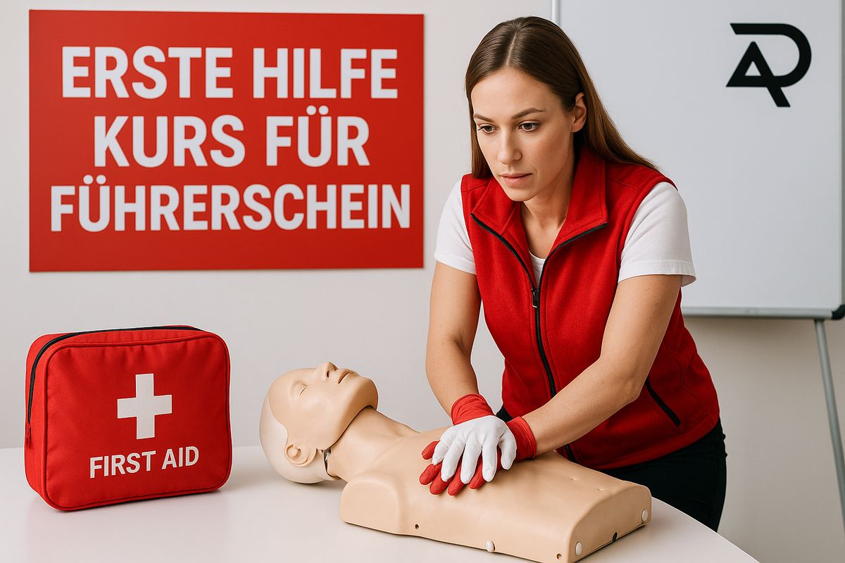 Eine Frau in roter Weste führt eine Herz-Lungen-Wiederbelebung (HLW) an einer Übungspuppe durch. Im Hintergrund hängt ein rotes Schild mit der Aufschrift „ERSTE HILFE KURS FÜR FÜHRERSCHEIN“. Auf dem Tisch steht ein rotes Erste-Hilfe-Set mit weißem Kreuz und der Aufschrift „FIRST AID“.