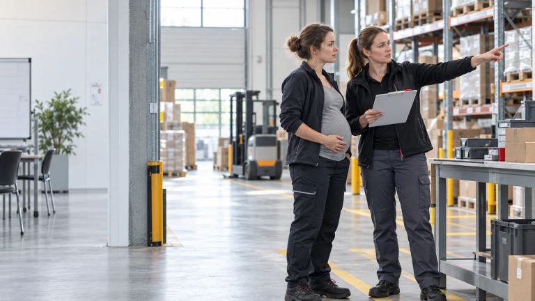 Schwangere Beschäftigte und Sicherheitsfachkraft beurteilen gemeinsam einen Arbeitsplatz im Lager