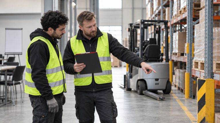 Führungskraft unterweist einen Beschäftigten direkt am Arbeitsplatz im Lager