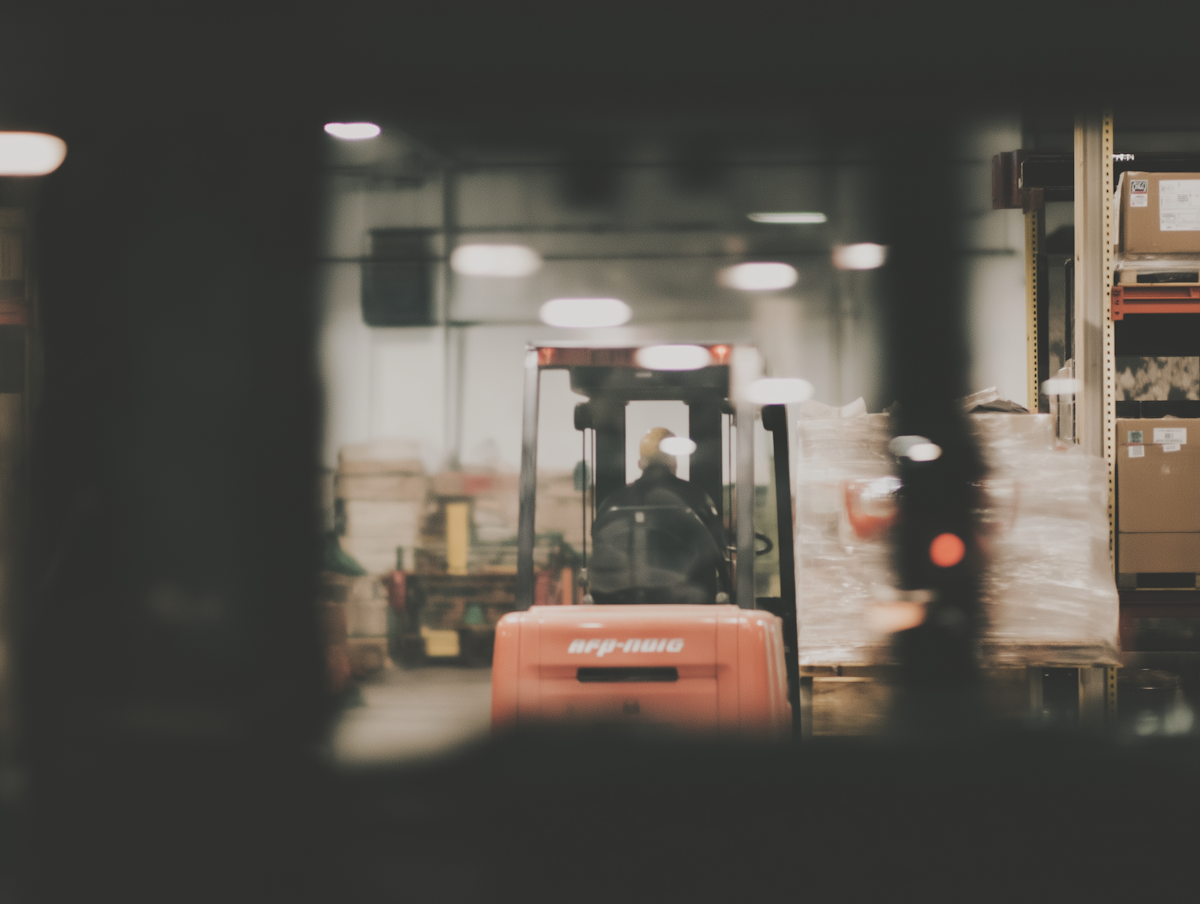 Unscharfe Aufnahme eines Lagerhauses, im Fokus ein Gabelstapler mit einem Fahrer, der Paletten mit Waren transportiert. Umgeben von Regalen mit Kartons und verpackten Produkten. Die Szene wirkt geschäftig und industriell.