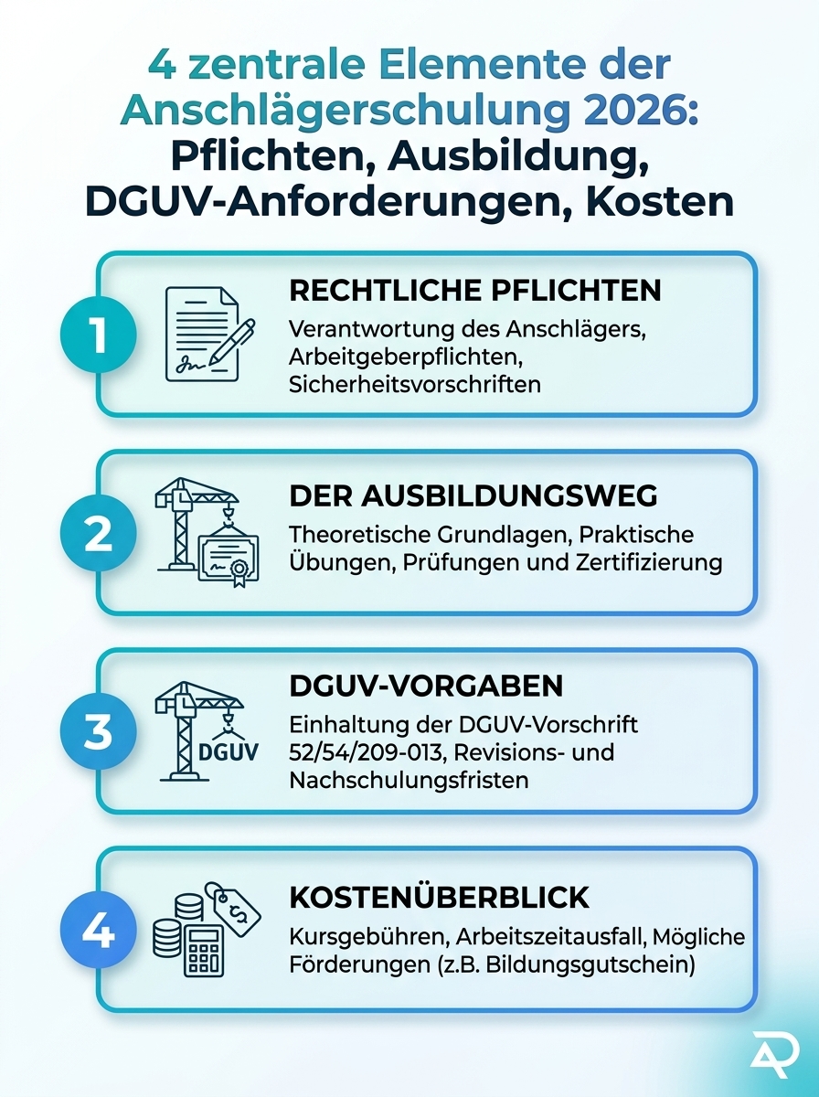 Infografik: 4 zentrale Elemente der Anschlaegerschulung 2026