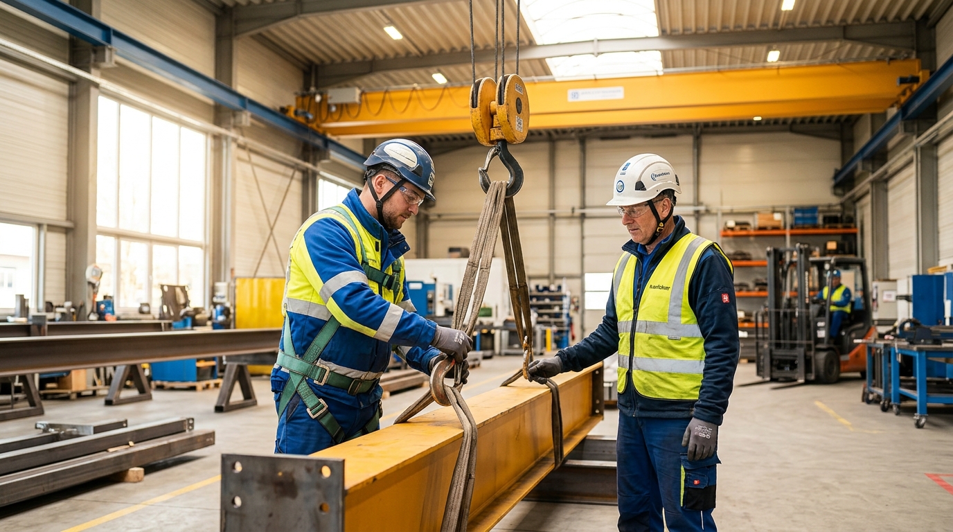 Facharbeiter beim sicheren Anschlagen von Lasten an einem Hallenkran mit Anschlagmitteln