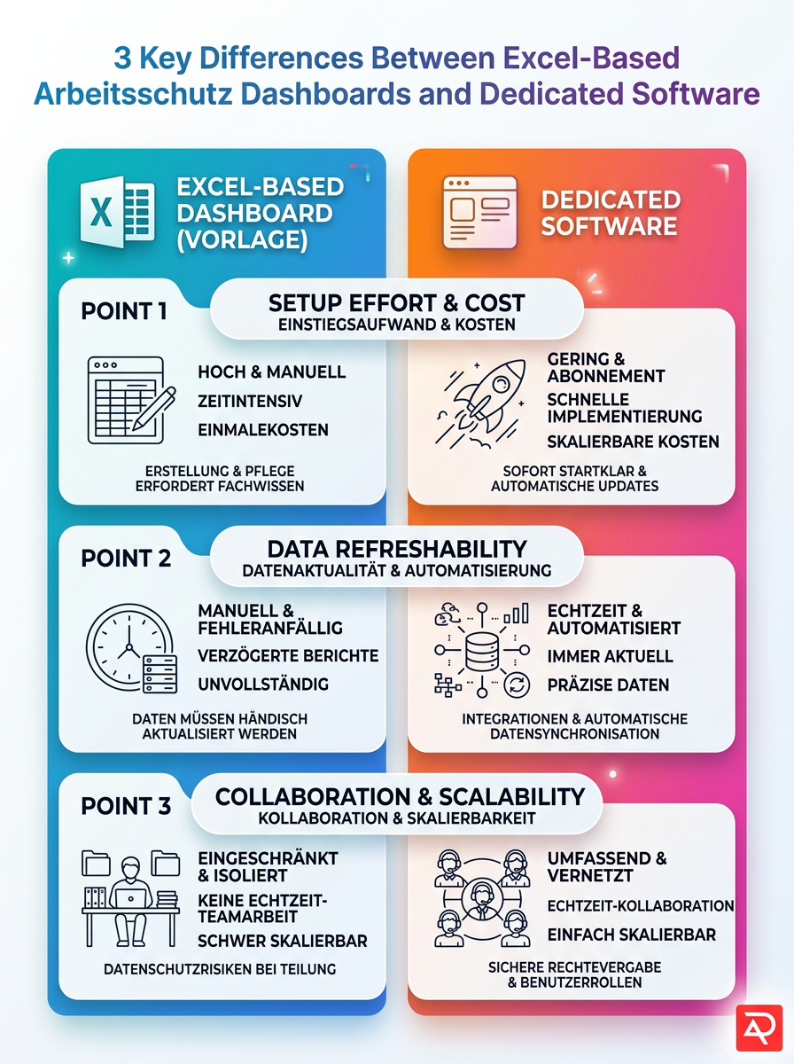 Infografik mit drei Hauptunterschieden zwischen Excel-basiertem Arbeitsschutz Dashboard und spezialisierter Software