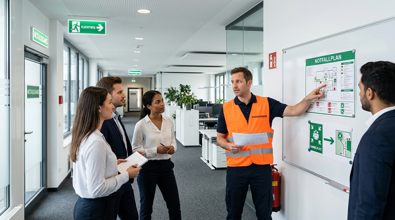 Brandschutzhelfer beim Löschversuch mit Feuerlöscher in einer Industrieumgebung