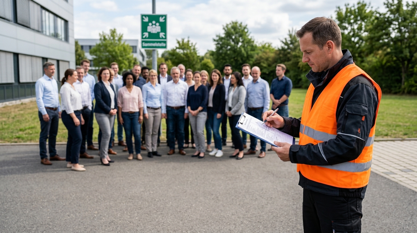 Brandschutzhelfer bei der Einweisung der Feuerwehr am Betriebseingang