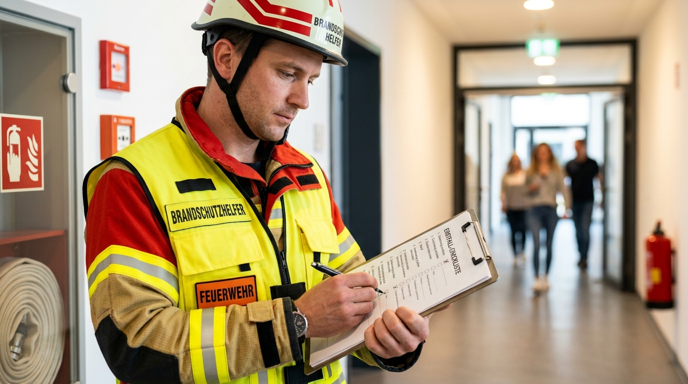 Brandschutzhelfer dokumentiert Erstmeldung nach einem Brandvorfall