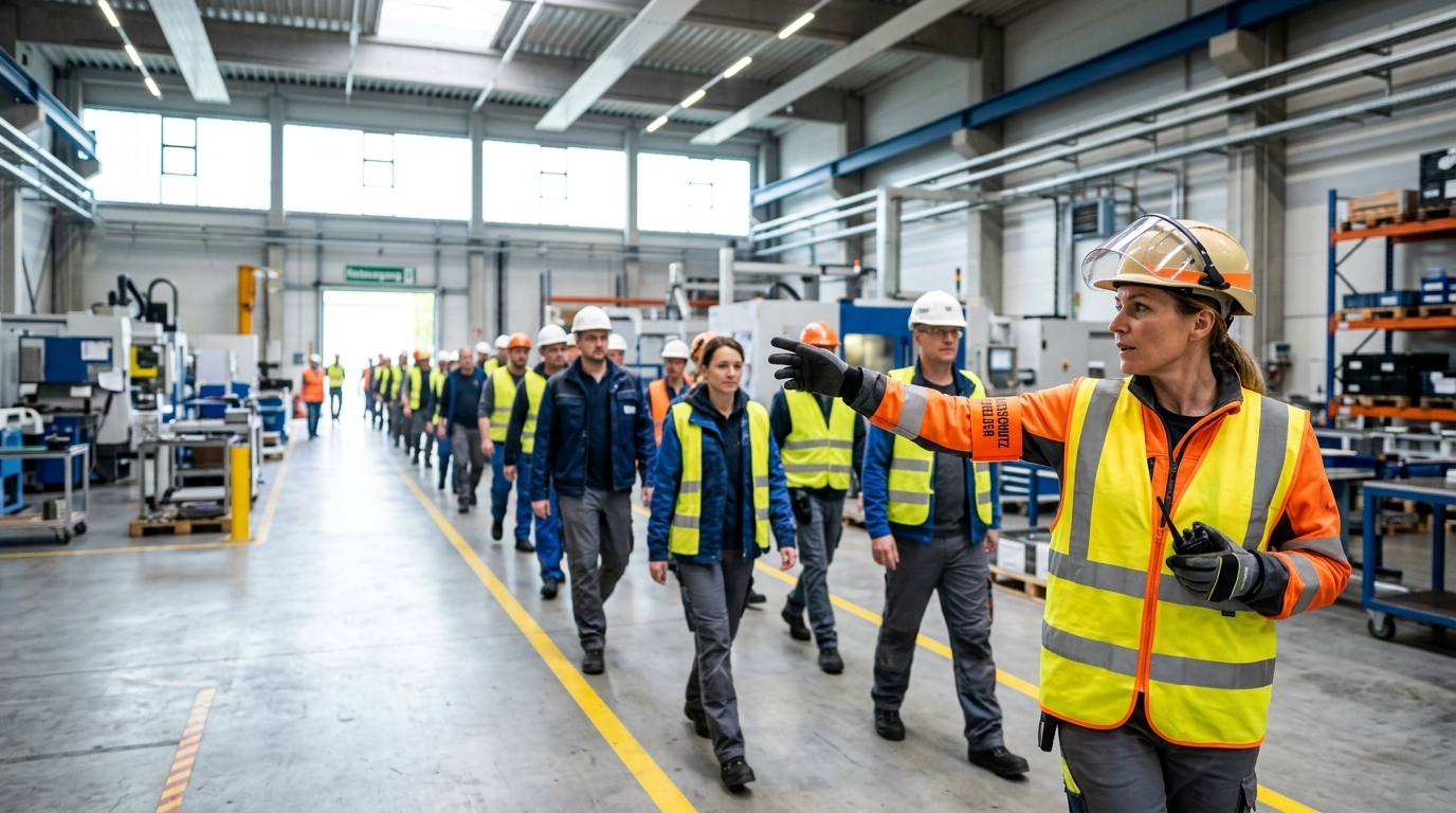 Brandschutzhelfer-Team bespricht Einsatzprotokoll nach Übung
