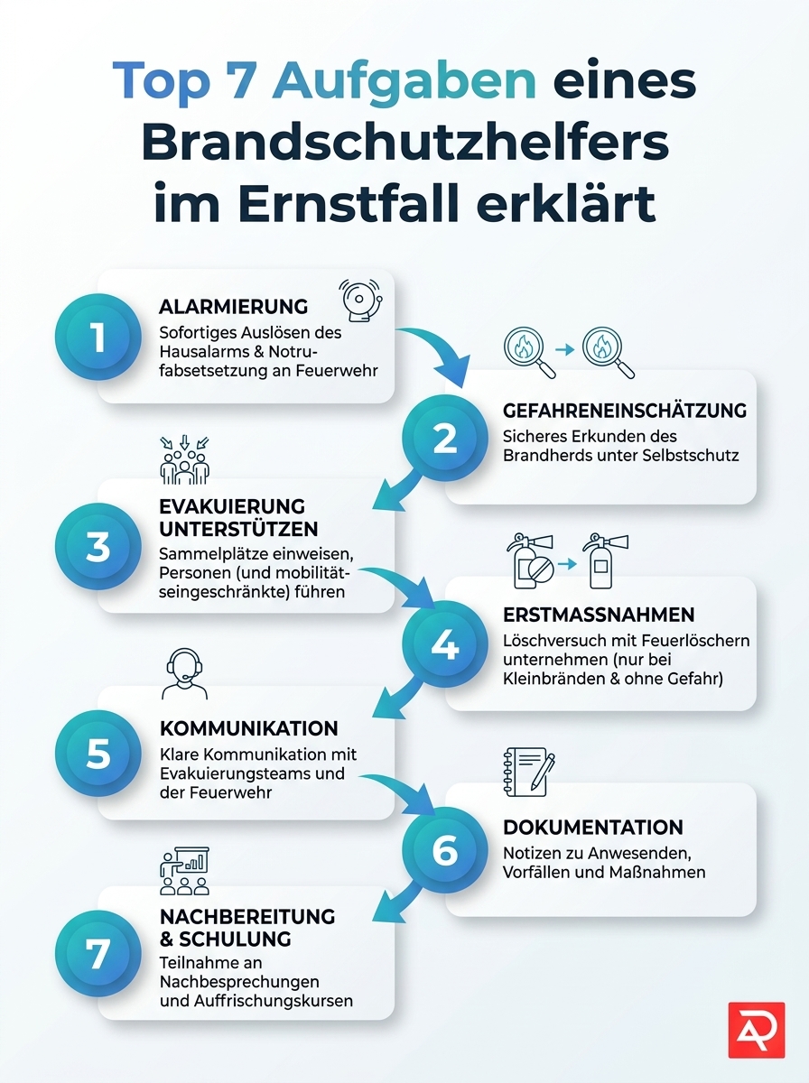 Infografik: Top-7-Aufgaben eines Brandschutzhelfers im Ernstfall — Brandbekämpfung, Evakuierung, Sicherheit