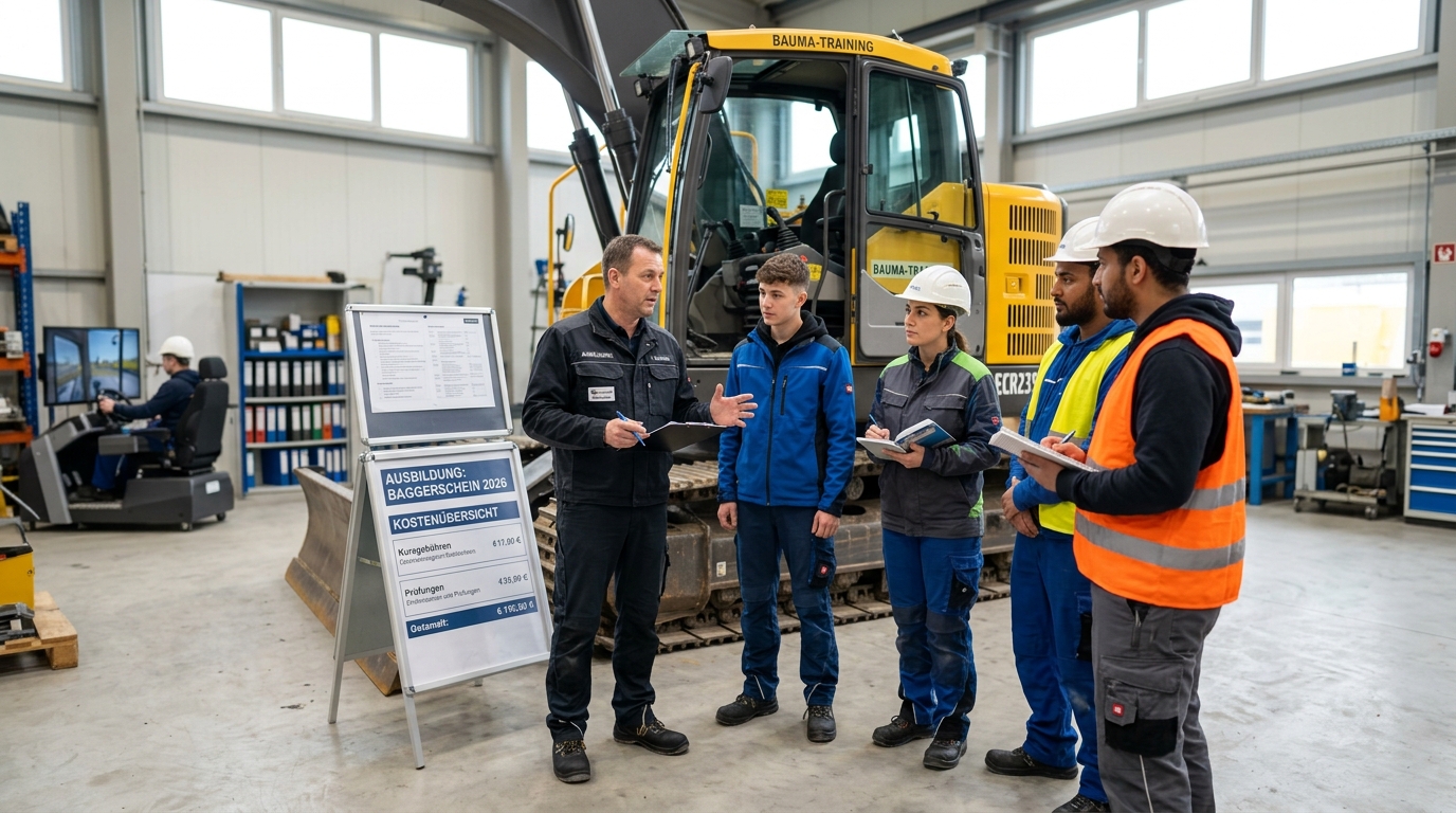 Baggerschein Ausbildung 2026 mit Teilnehmern vor einem Hydraulikbagger