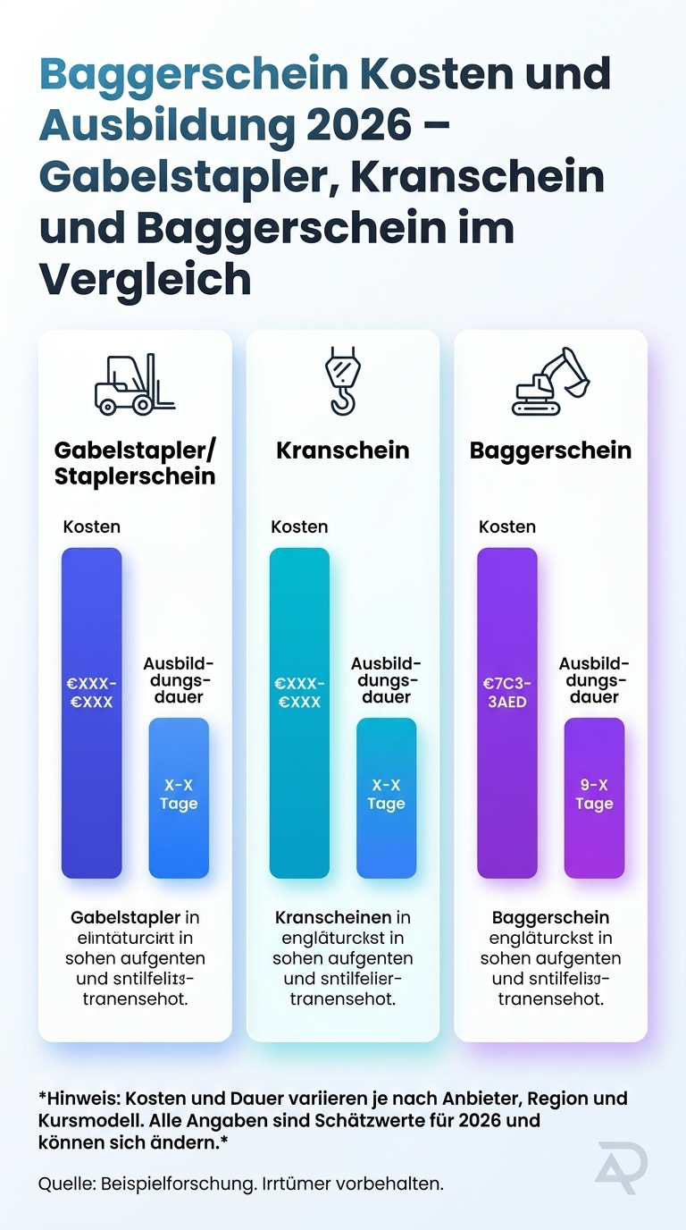 Baggerschein Kosten und Ausbildung 2026 – Vergleich von Gabelstapler-, Kranschein- und Baggerschein-Kosten