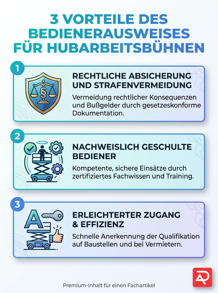 Infografik zu 3 Vorteilen des Bedienerausweises für Hubarbeitsbühnen, betont rechtliche Bedeutung und Sicherheit.