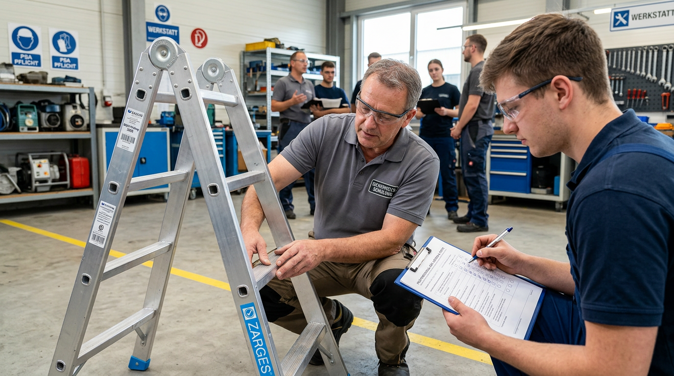Befähigte Person prüft Leiter im Betrieb – Schulung zur Prüfung von Leitern und Tritten