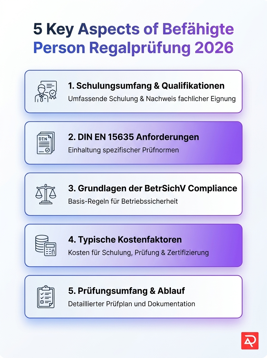 Infografik: 5 Kernaspekte der Befähigten Person Regalprüfung 2026 — Schulung, Anforderungen, Kosten nach DIN EN 15635 und BetrSichV