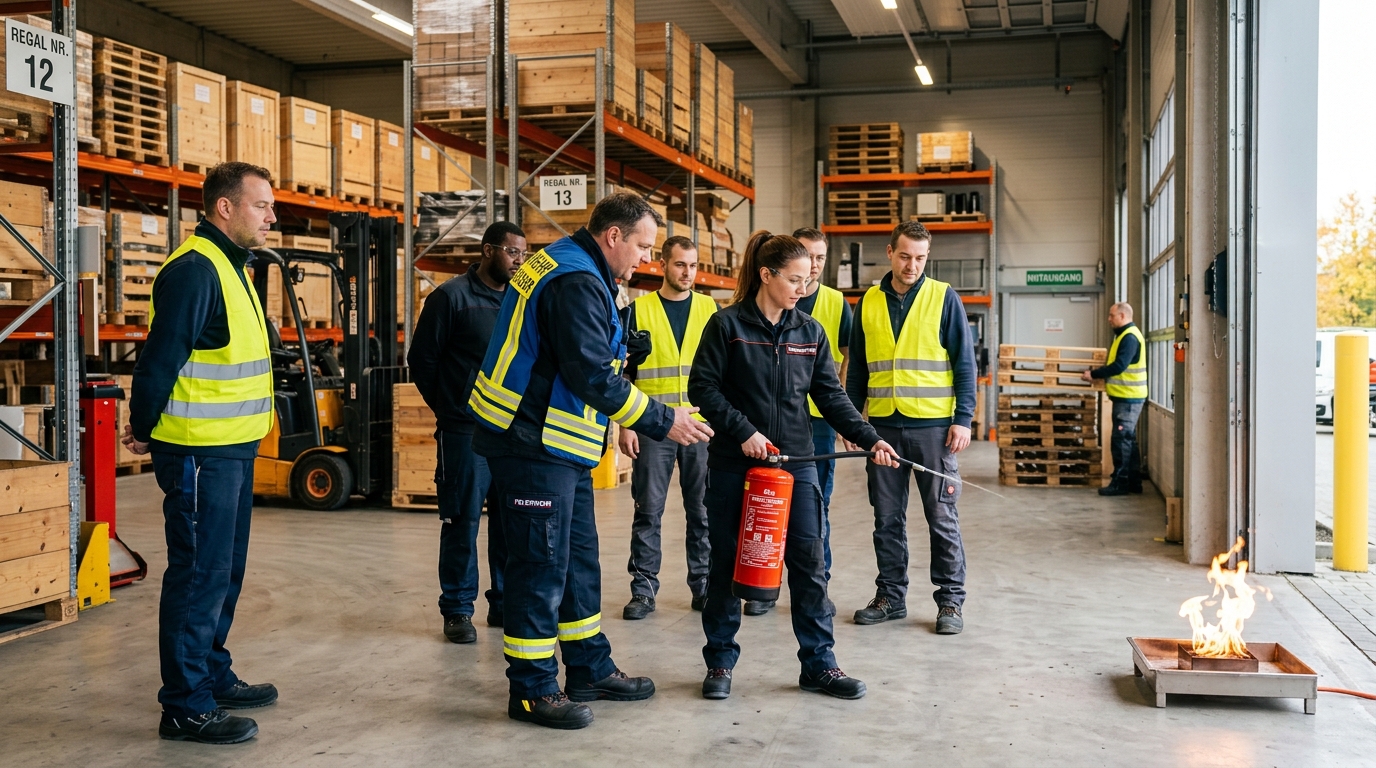 Brandschutzhelfer-Ausbildung vor Ort mit praktischer Löschübung am Brandsimulator