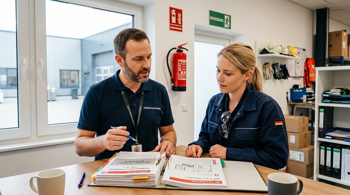 Brandschutzordnung Teil A B C Aushang in einem Betrieb mit Feuerlöscher und Fluchtwegschildern