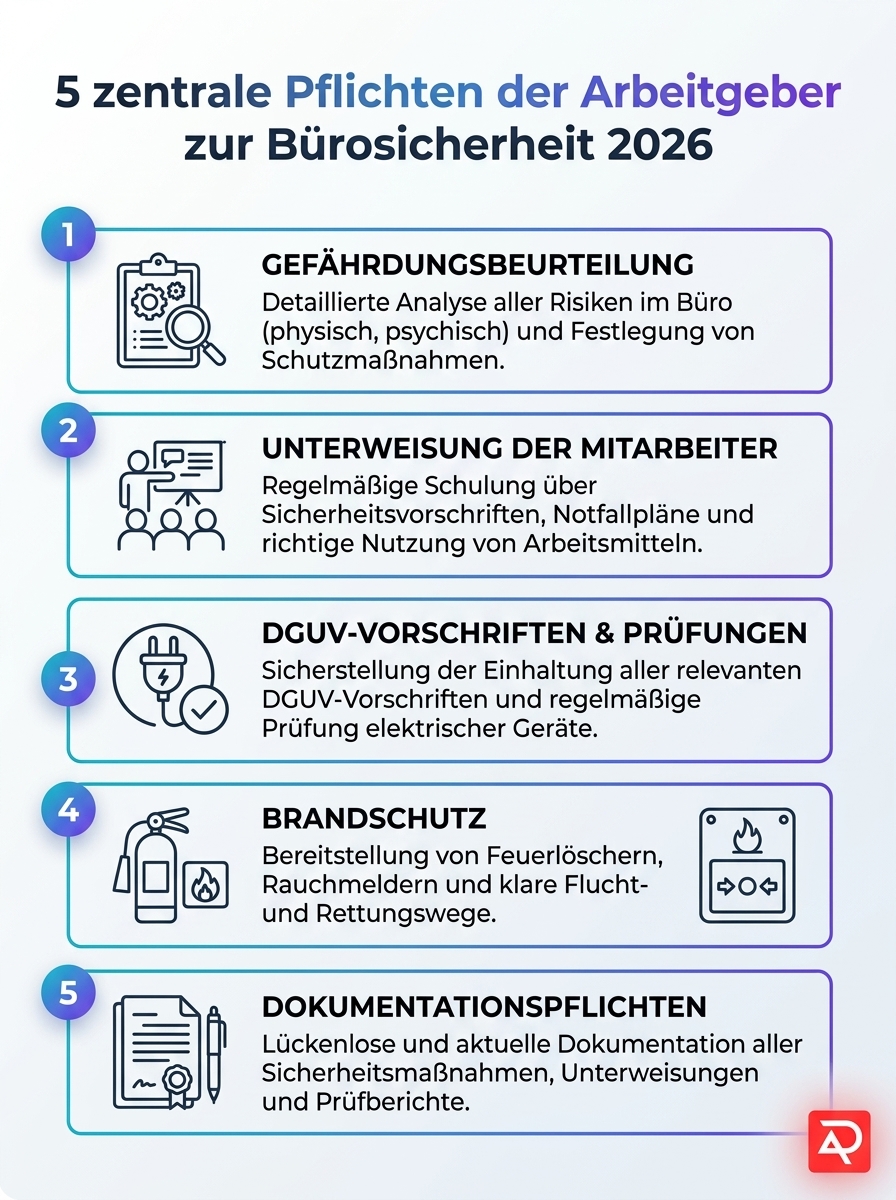 Infografik zu Bürosicherheit am Arbeitsplatz: 5 zentrale Pflichten der Arbeitgeber 2026
