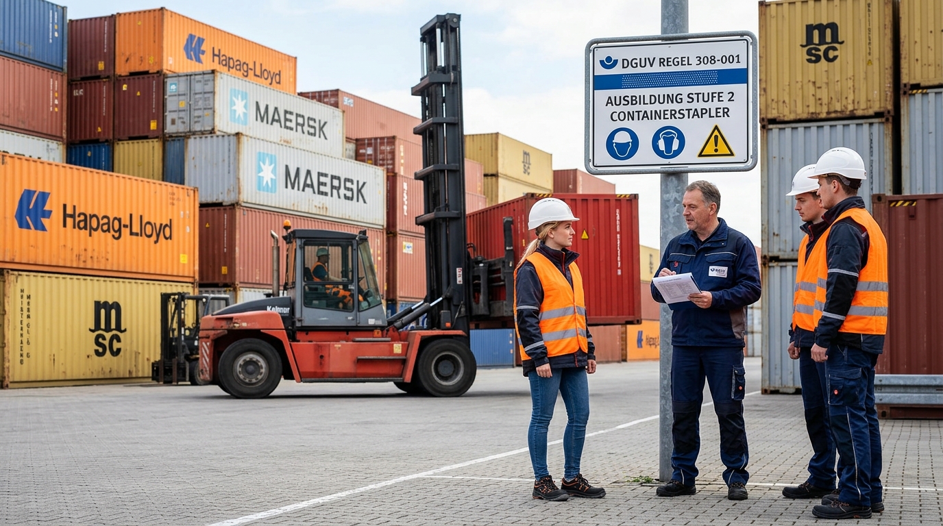 Containerstapler im Einsatz auf einem Betriebsgelaende