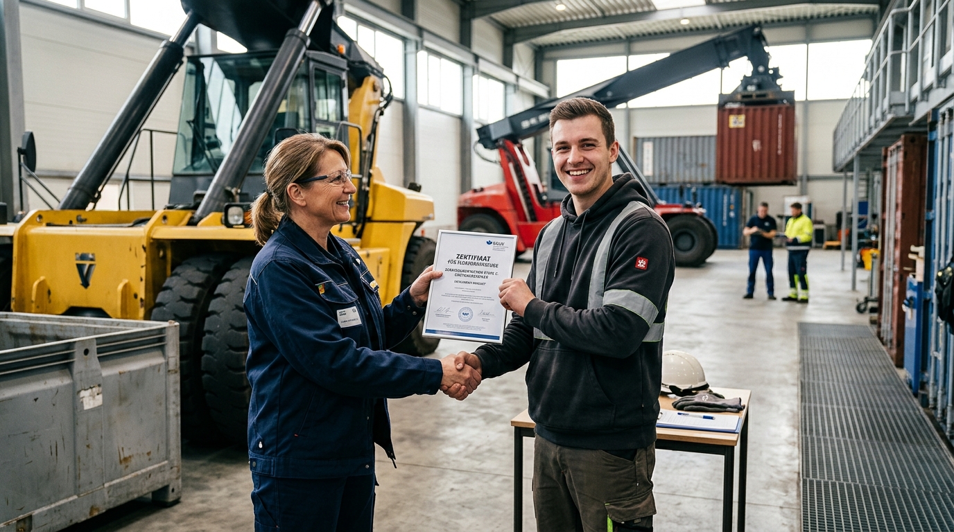 Praxisausbildung am Containerstapler auf dem Betriebsgelaende