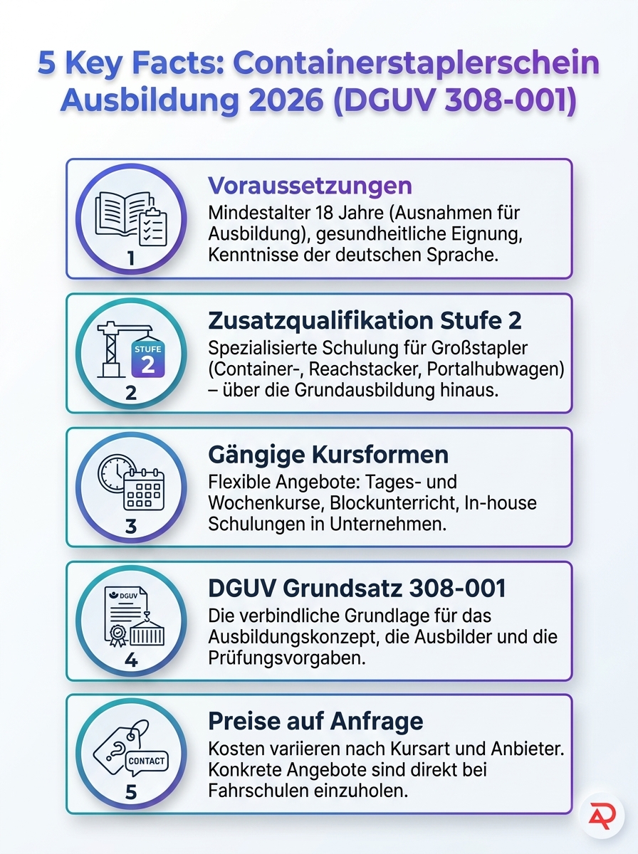Infografik: 5 Key Facts zur Containerstaplerschein-Ausbildung 2026 nach DGUV 308-001