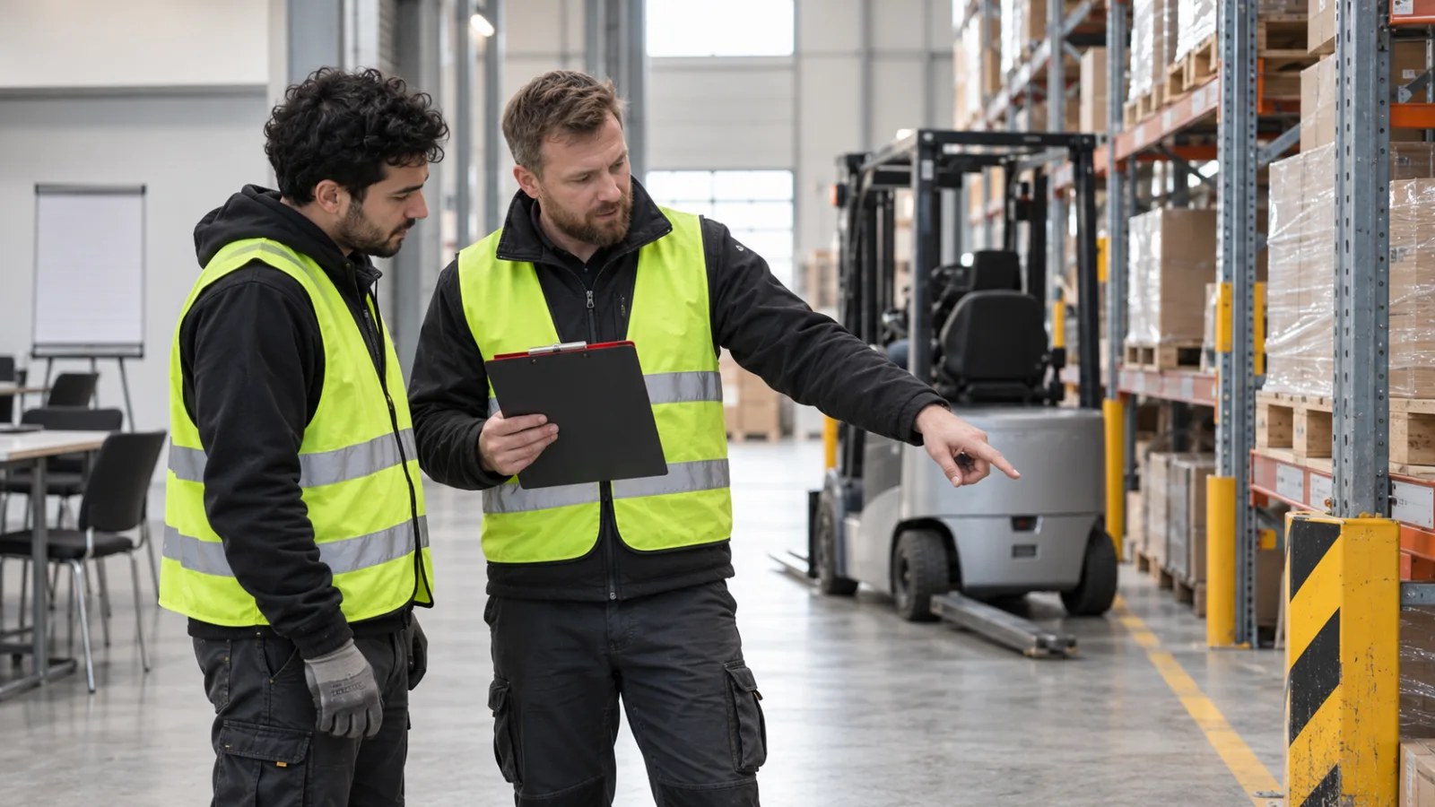 Führungskraft unterweist einen Beschäftigten direkt am Arbeitsplatz im Lager