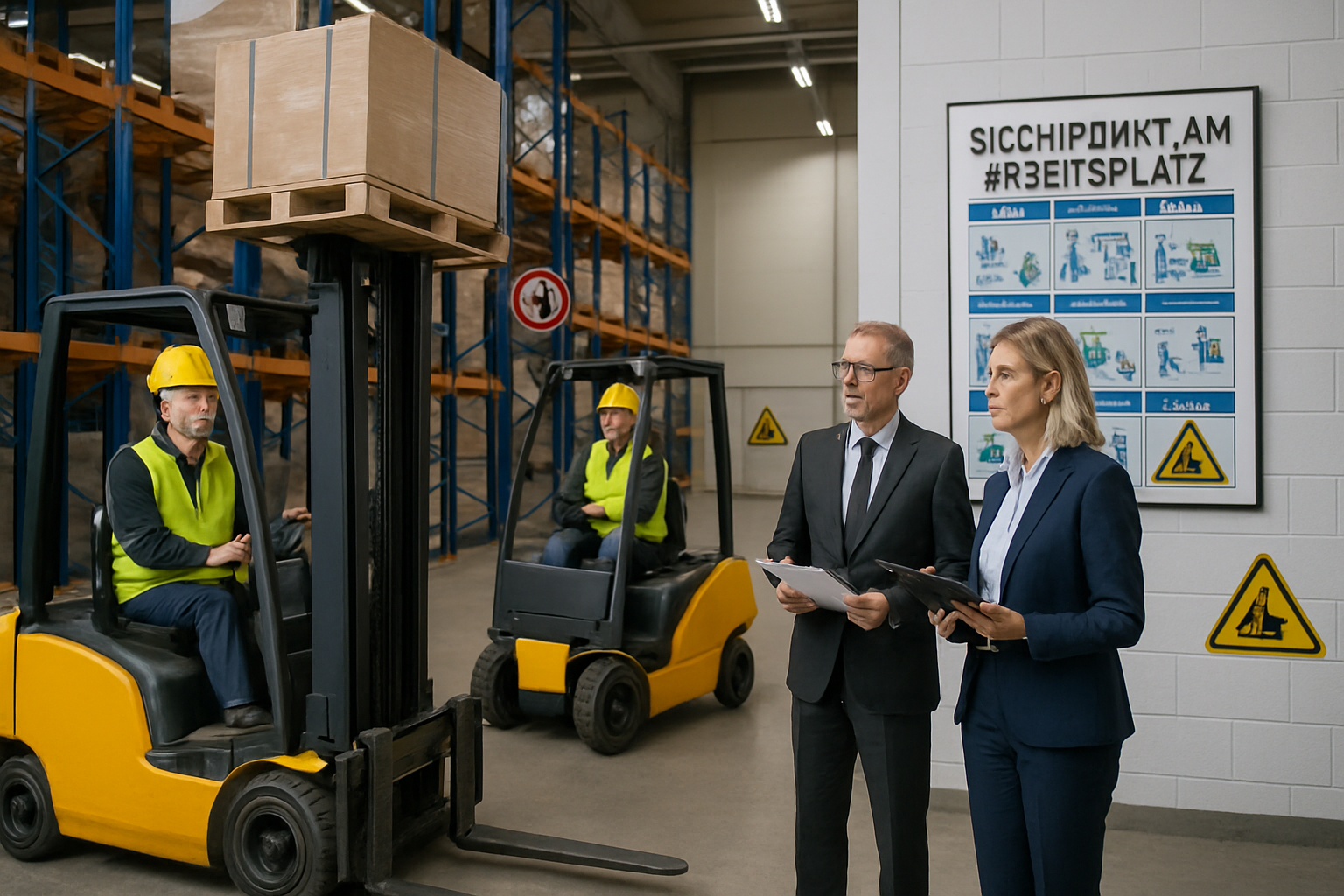 Stapler im Lager mit Unternehmern