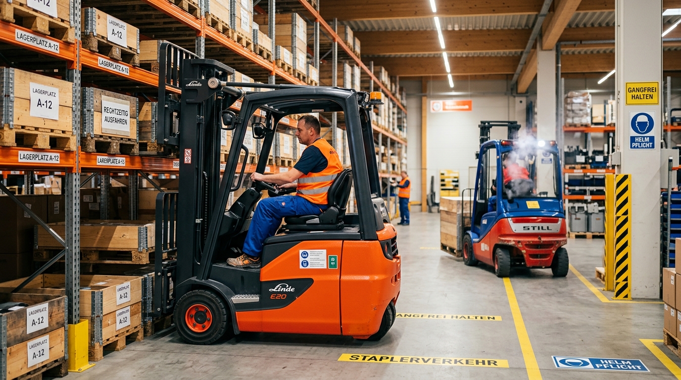 Elektrostapler in enger Lagerhalle mit Sicherheitsmarkierungen und Verkehrswegen