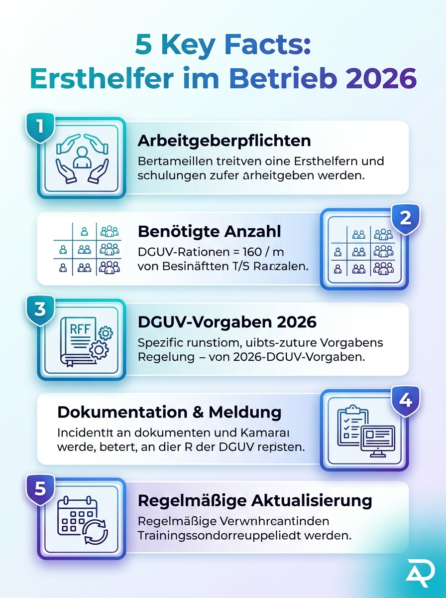 Infografik zu Ersthelfer im Betrieb: 5 Key Facts zu Pflichten, Anzahl und DGUV-Vorgaben 2026