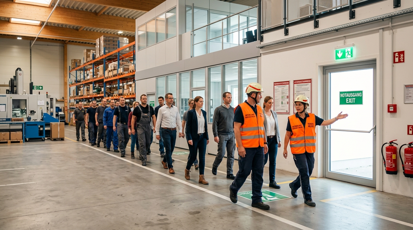Evakuierungsübung im Betrieb mit Mitarbeitern am Sammelplatz