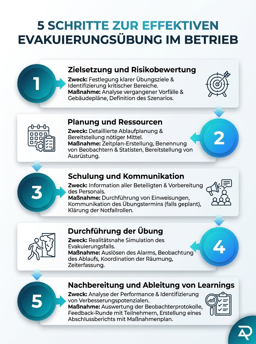 Infografik: Fünf Schritte zur effektiven Evakuierungsübung im Betrieb