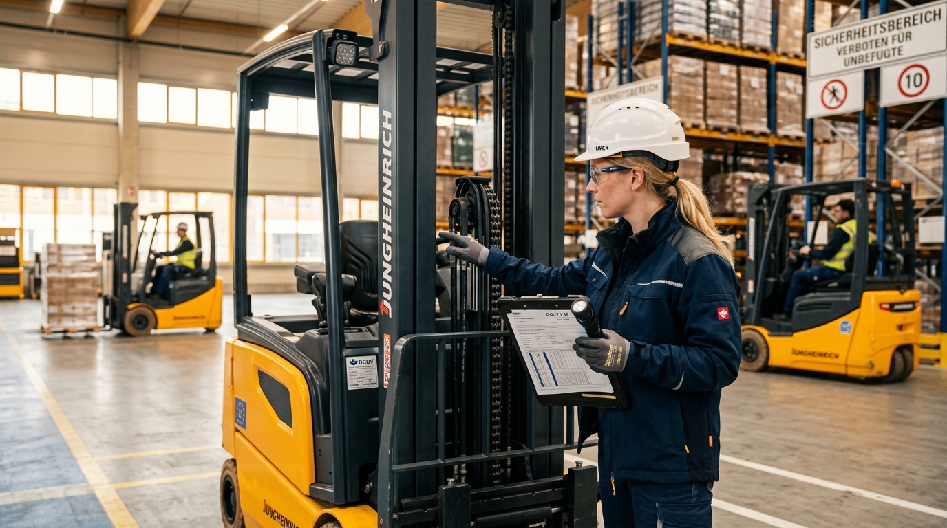 Tägliche Einsatzprüfung eines Gabelstaplers im Lagerbetrieb
