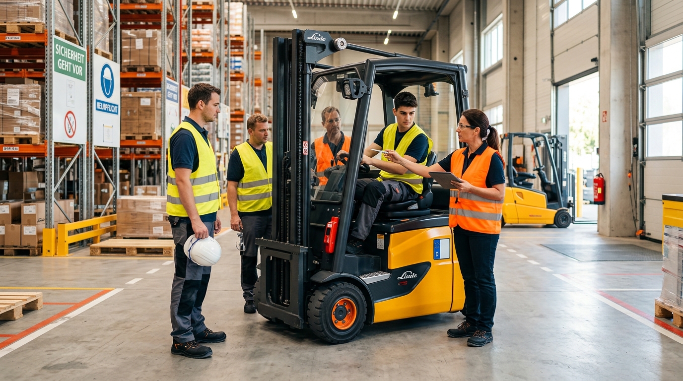 Staplerfahrer bei einer praktischen Unterweisung im Lagerbetrieb – häufige Fehler bei der Stapler-Unterweisung vermeiden