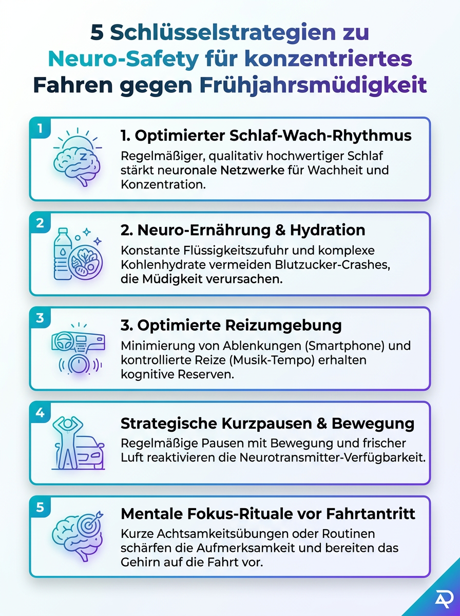 Infografik zu Neuro-Safety: Fokus-Management gegen Frühjahrsmüdigkeit am Steuer – 5 Schlüsselstrategien für konzentriertes Fahren