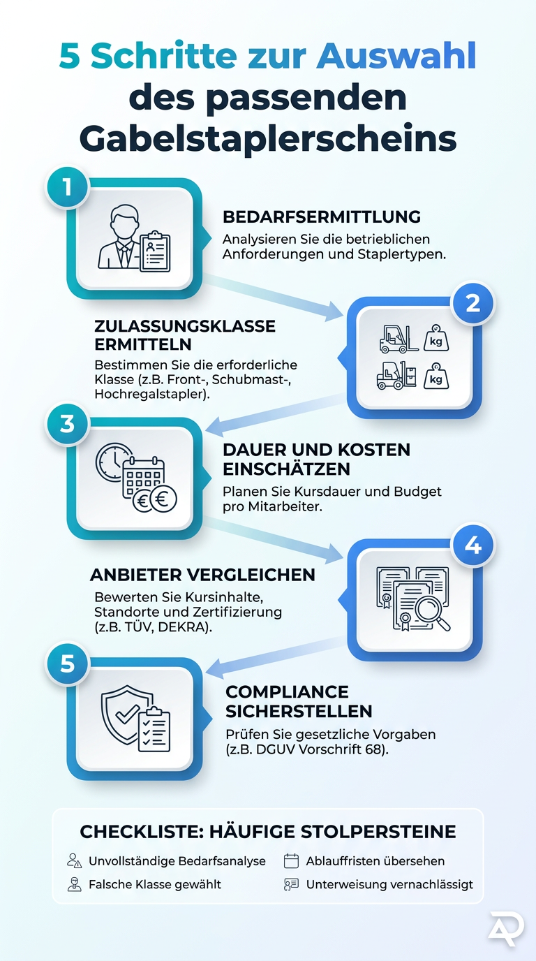 Infografik: 5 Schritte zur Auswahl des passenden Gabelstaplerscheins für Mitarbeiter – Kriterien, Schulung, Kosten.