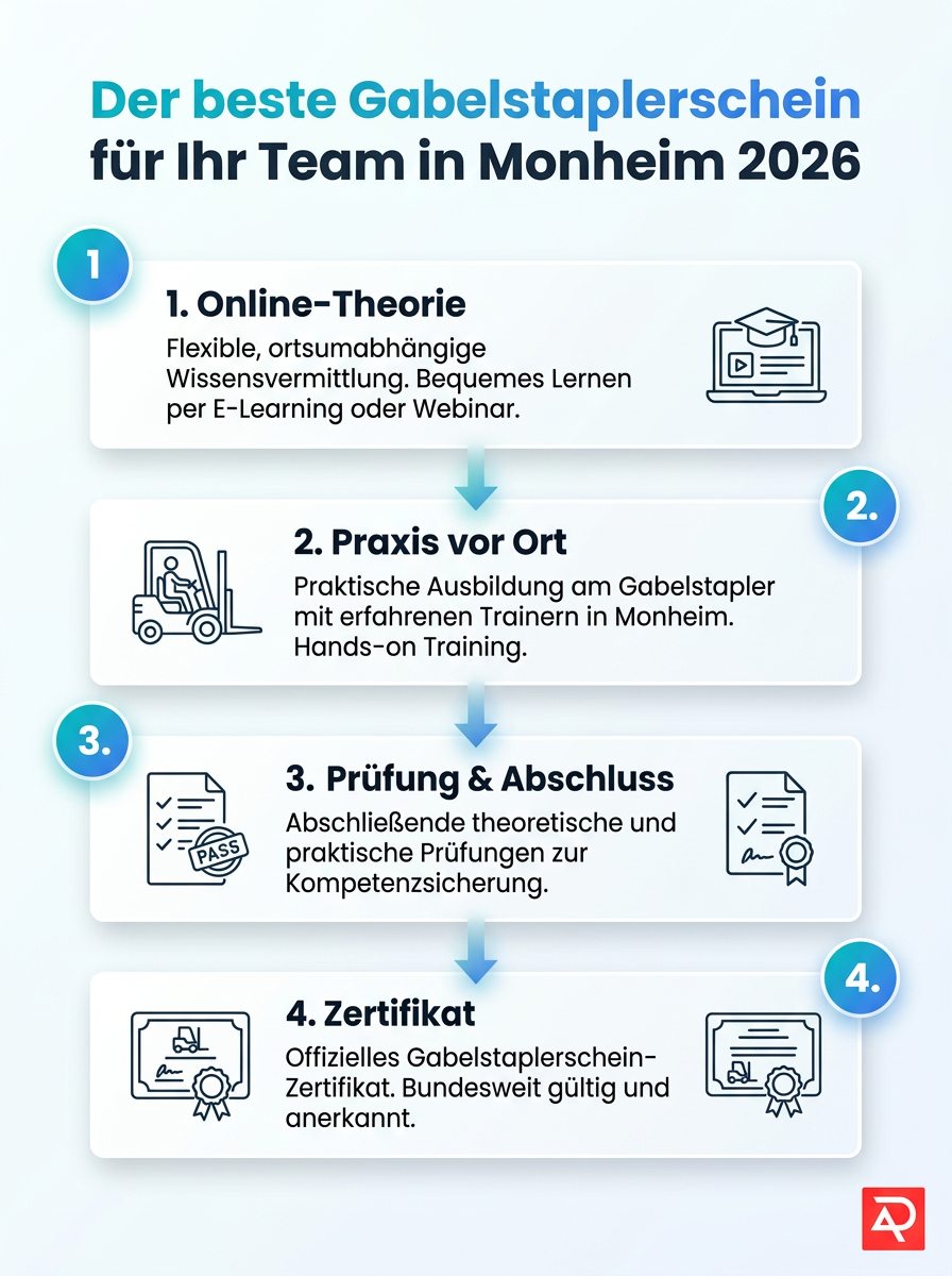 Infografik: 4 Schritte zum Gabelstaplerschein in Monheim 2026 für Ihr Team – Schulung, Prüfung, Praxis