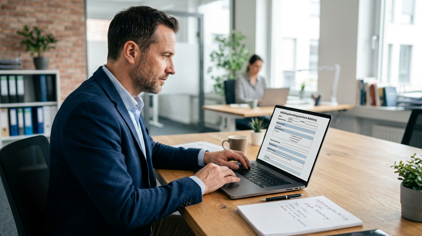 Gefährdungsbeurteilung psychische Belastung im KMU – Geschäftsführer prüft Arbeitsschutz-Dokumentation
