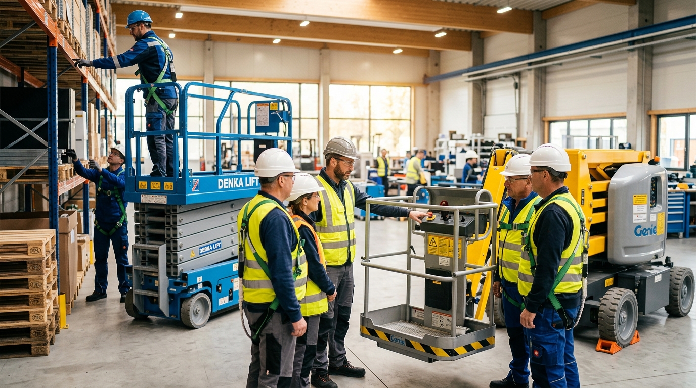 Schulung zur sicheren Bedienung von Hubarbeitsbühnen auf einer Baustelle