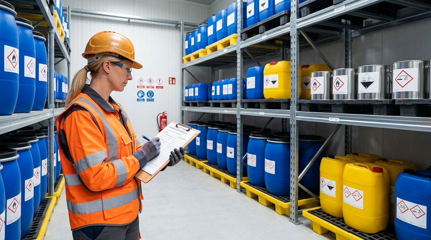 Fachkraft prüft Gefahrstofflagerung im Betrieb nach GefStoffV
