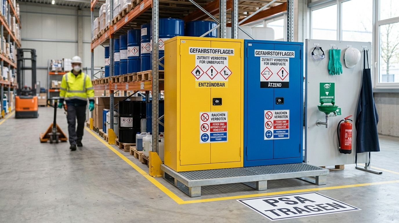 Gefahrstofflager mit gekennzeichneten Sicherheitsschränken und Auffangwanne in einer Lagerhalle