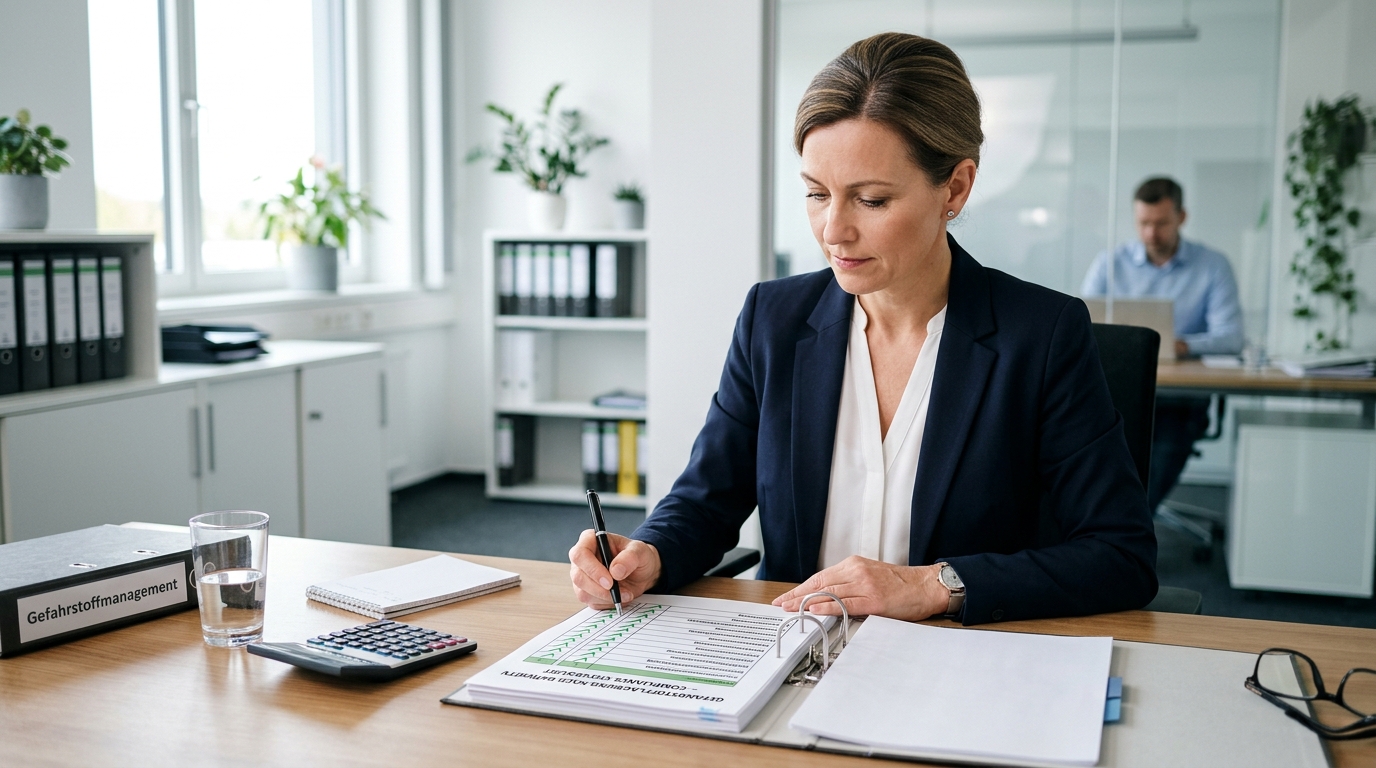 Sicherheitsbeauftragte dokumentiert Gefahrstoffmanagement im Büro
