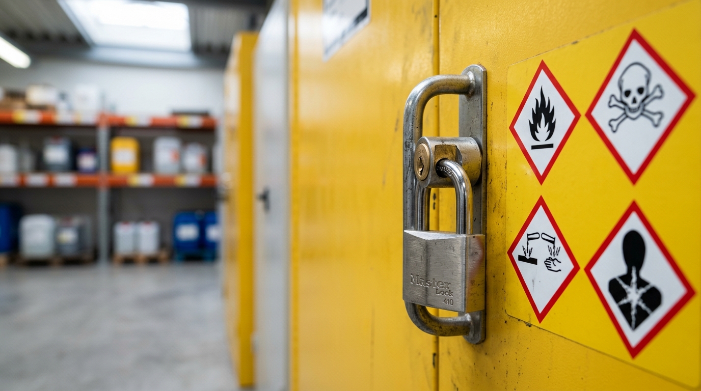 Verschlossener Gefahrstoffschrank mit GHS-Gefahrensymbolen im Lager