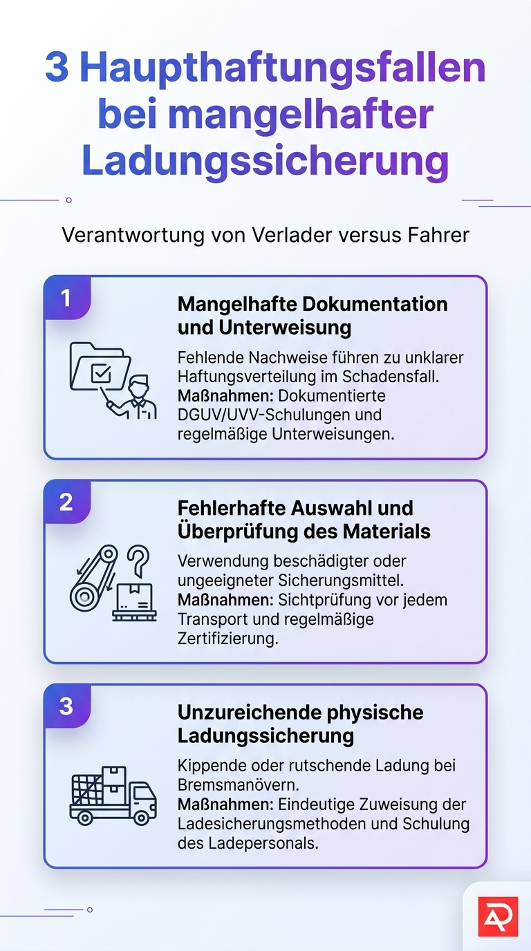 Infografik zu Haftungsfallen bei mangelhafter Ladungssicherung für Verlader und Fahrer
