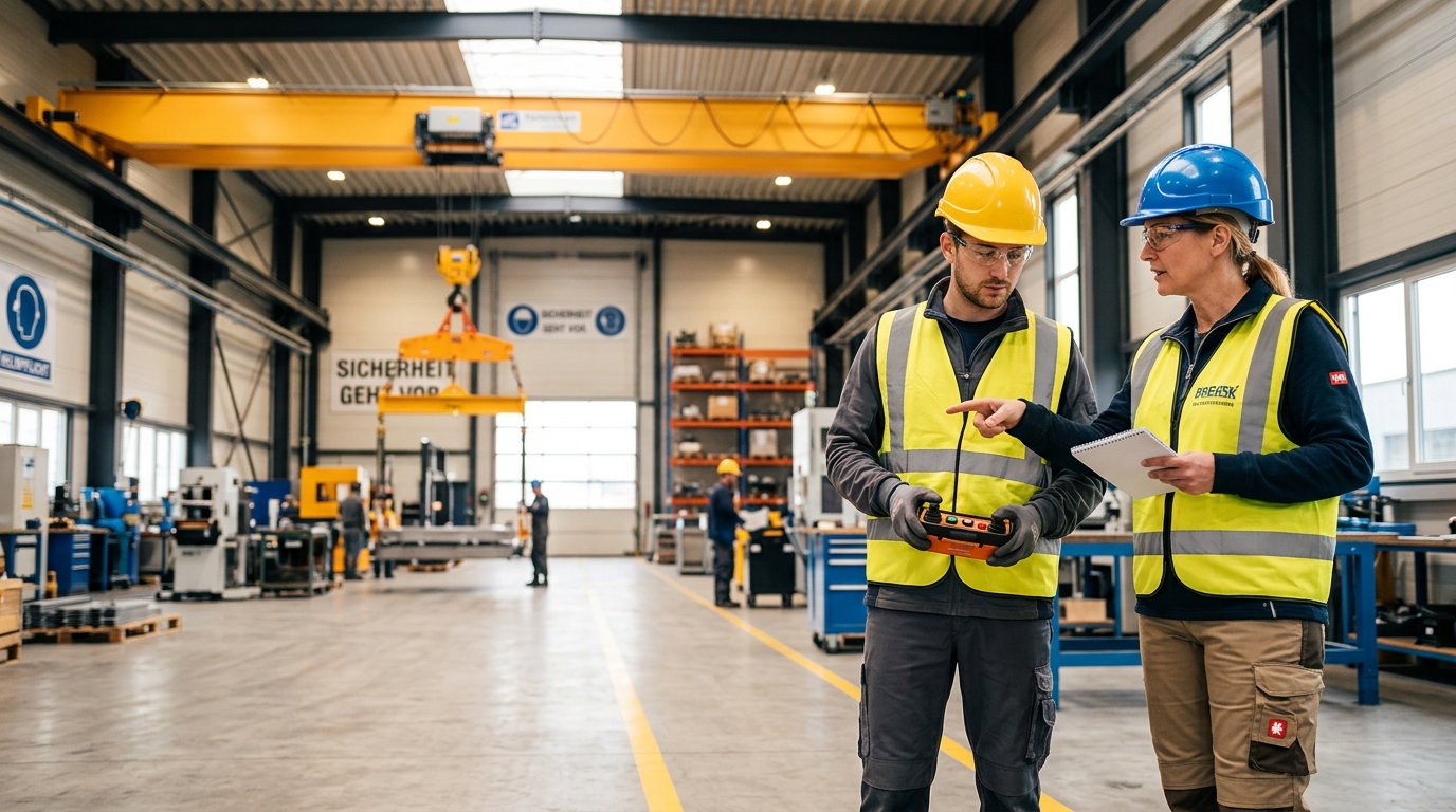 Kranführer-Schulung am Hallenkran in einer Industriehalle mit Sicherheitsausrüstung