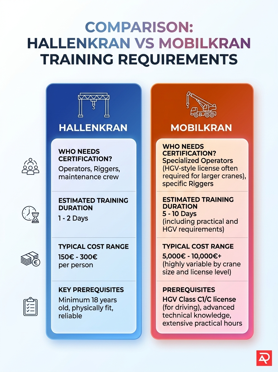 Infografik: Vergleich der Schulungsanforderungen für Hallenkran und Mobilkran